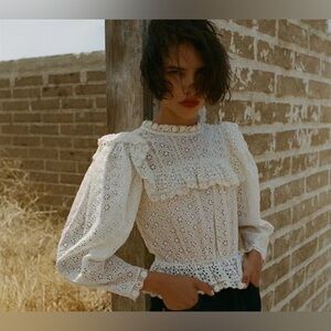NWT Doen Floryn Lace Eyelet Trim Ruffle Top Blouse